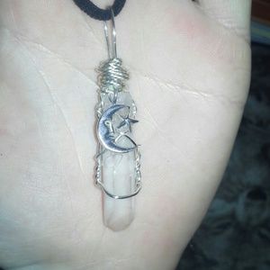 Quartz crystal pendent with silver moon