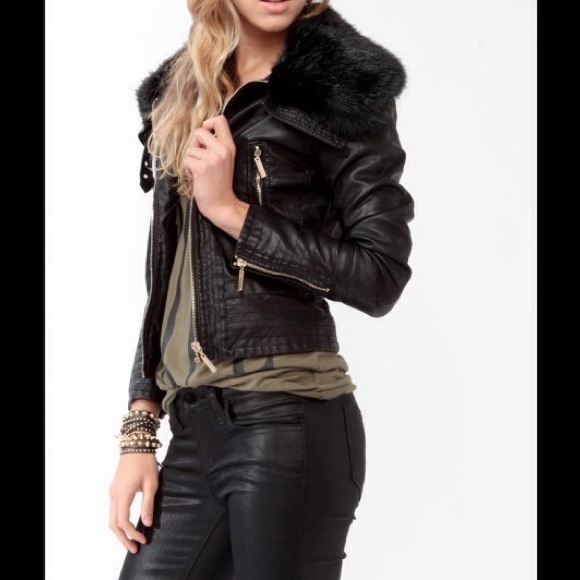 leather fur jacket w/ removable fur collar