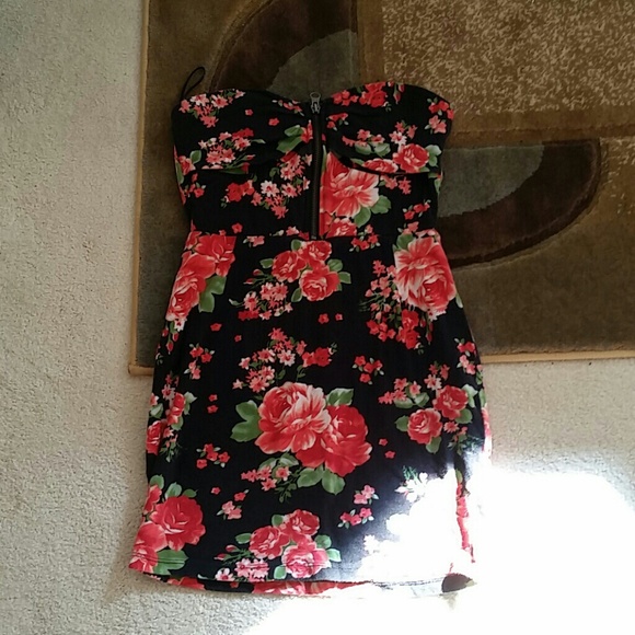 Strapless Black Floral Dress