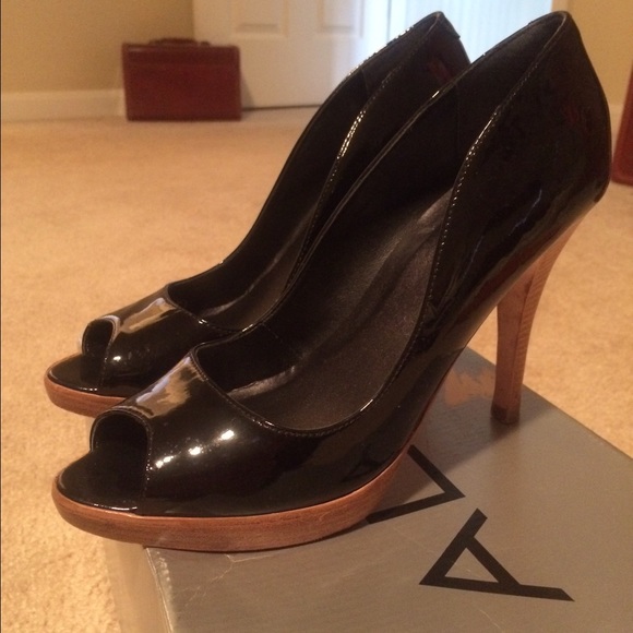 Aldo black patent and "wood" platform