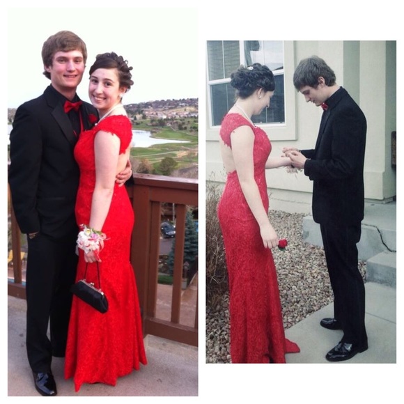 Red lace Long prom dress