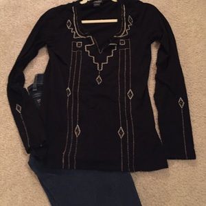 Lucky Brand Black Aztec Top | sz M | long-sleeve
