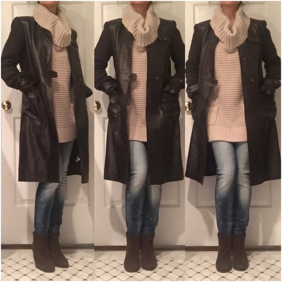 DKNY Leather & Wool Coat Jacket Brown - M