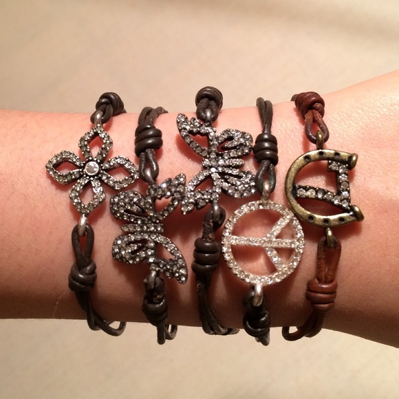 Fossil leather rhinestone pendant bracelet lot (5)