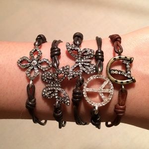 Fossil leather rhinestone pendant bracelet lot (5)