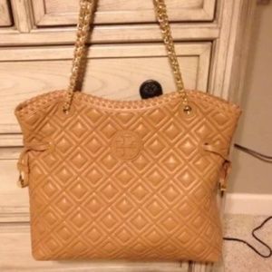 Tory burch large quilted leather bag tan brown
