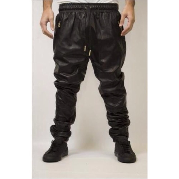 Black leather joggers