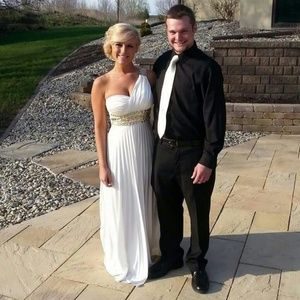 White and gold elegant prom dress