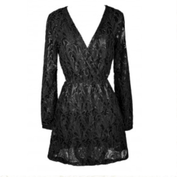 Black Allover Sequin Surplice Wrap Dress