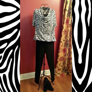 Cowl neck banded waist zebra print blouse.