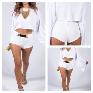 Gold Belted Short Pants With Kimono Crop Top