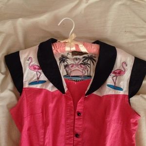 Vintage waist tie crop top with cute flamingos