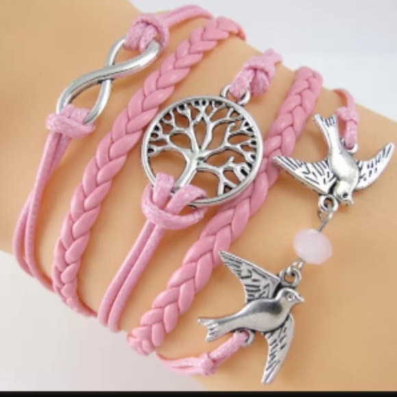Pink leather bracelet.