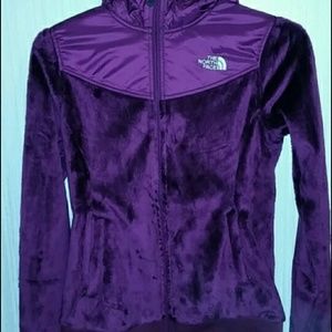 Purple fuzzy North face jacket with hood, size S