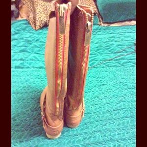 Knee high tan boots... Red zipper lining