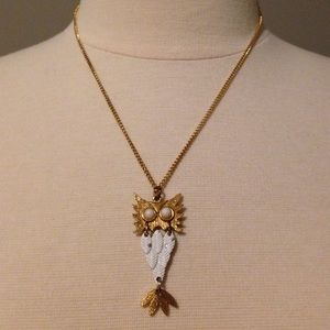 Vintage White Enamel Gold Owl Pendant Necklace