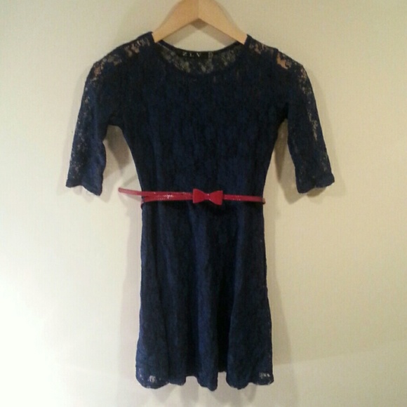 Navy Lace Skater Dress With Bow Belt