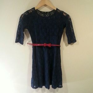 Navy Lace Skater Dress With Bow Belt