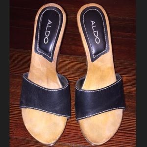 Aldo wooden sole with black strap wedge