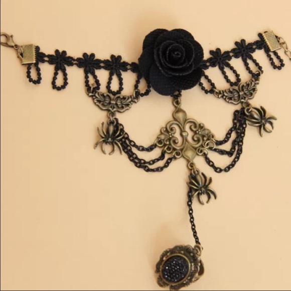 Black Rose Spider Tassel Resin Lace Bracelet Ring - Picture 3 of 4