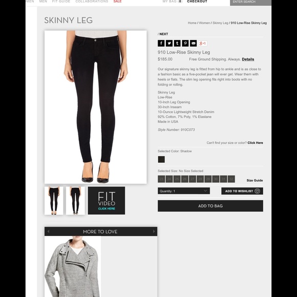 J Brand 910 Lowrise Skinny Leg Jean-Black