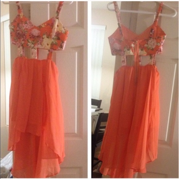 High low coral floral cut out dress zipper - Picture 2 of 2