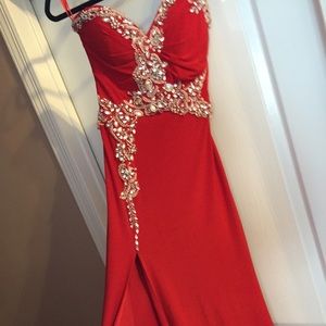Red Prom Dress with Silver beading