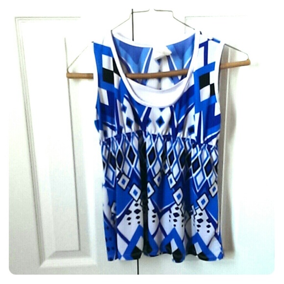 Blue white and black top