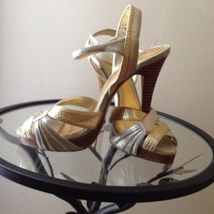 Strappy gold, rose gold and silver heels. Bakers.