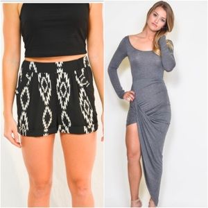 Aztec print shorts and grey asymmetrical dress