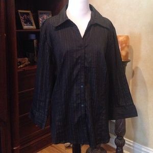Black polyester pin striped top. Bell sleeves