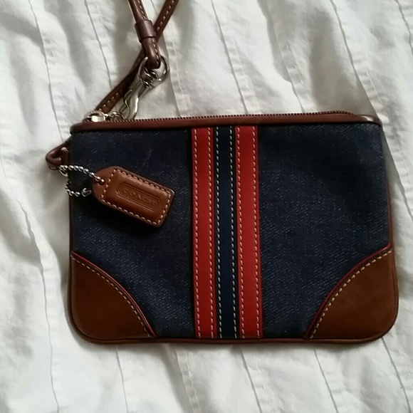 Authentic Coach denim and leather wristlet