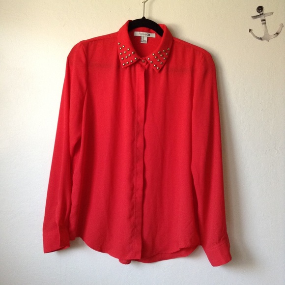 Red button down studded collar long sleeve