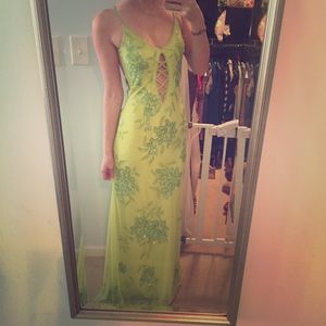Lime green, low back, beaded prom dress