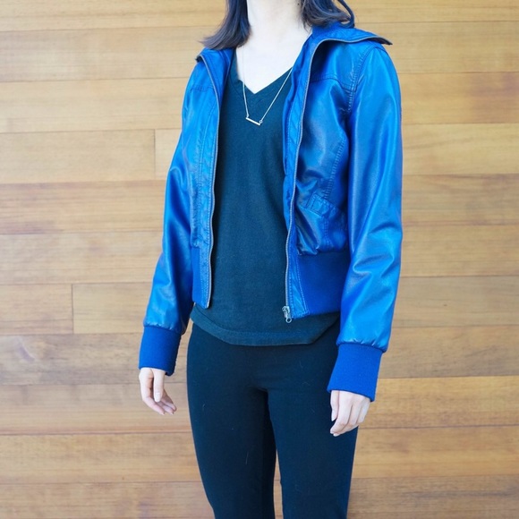 F21 Blue pleather bomber jacket
