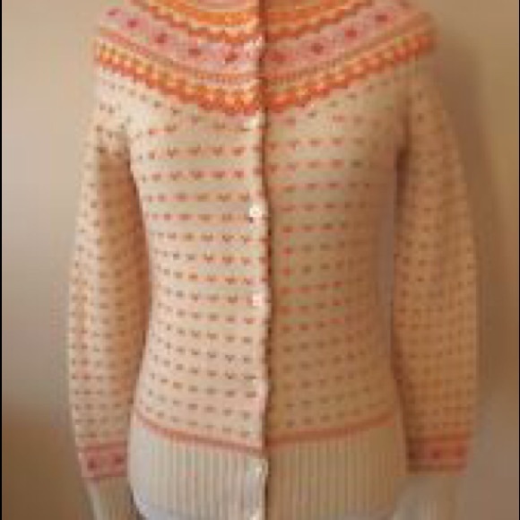 J Crew Fair Isle Sweater Orange Pink Ivory Wool
