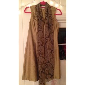 Gold raw silk short dress with scarf