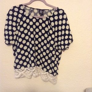 Bobeau Navy Blue Cream Polka Dot with Lace Top