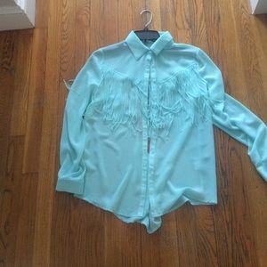 Lf  mint green long sleeve fringe shirt