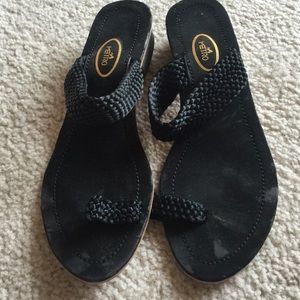 Black fabric slippers from India. Size 7.