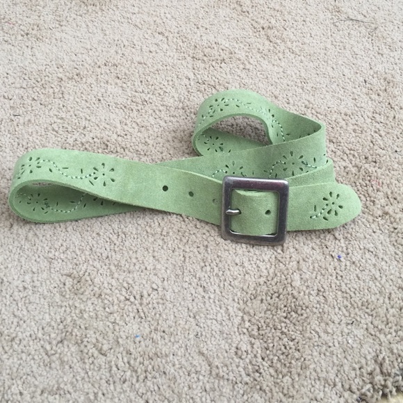 Green genuine leather belt with flower cutouts