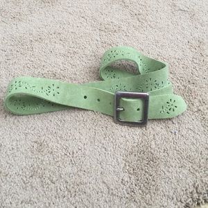 Green genuine leather belt with flower cutouts