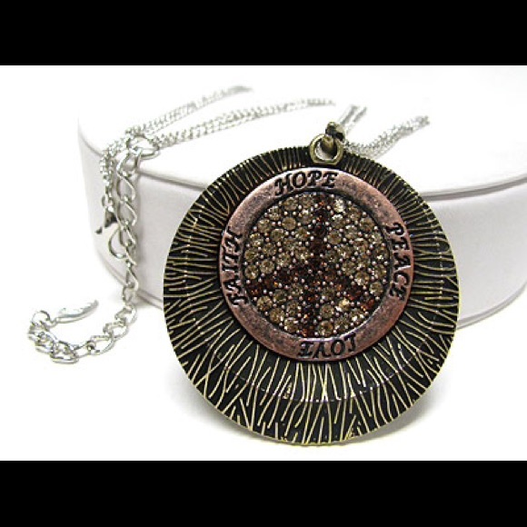 Crystal Stud Filigree Peace Sign Necklace