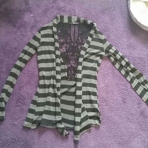 B'leev Gray/Black Striped Cardigan Sweater w/ lace