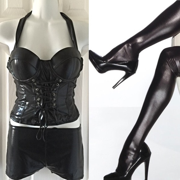 Sexy Black Faux Leather Pushup Corset & Shorts S.