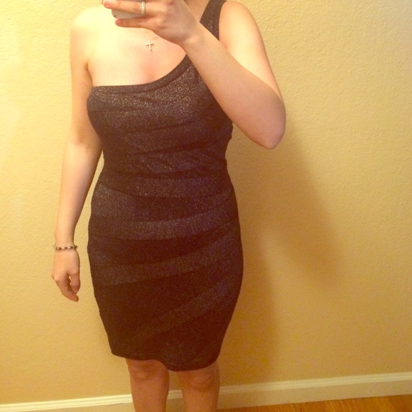 One shoulder bandage black and gold dress