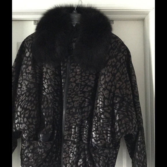 Leather jacket with fox collar