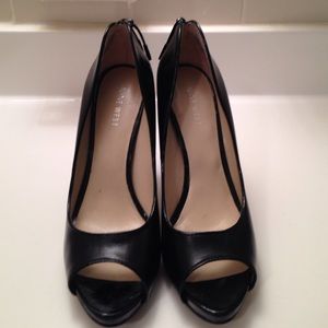 Black leather peep toe heels