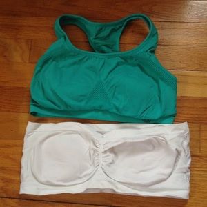 Blue sports bra and white bandeau