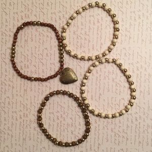 Wood Bead & Gold tone bead stretch bracelets (x4)
